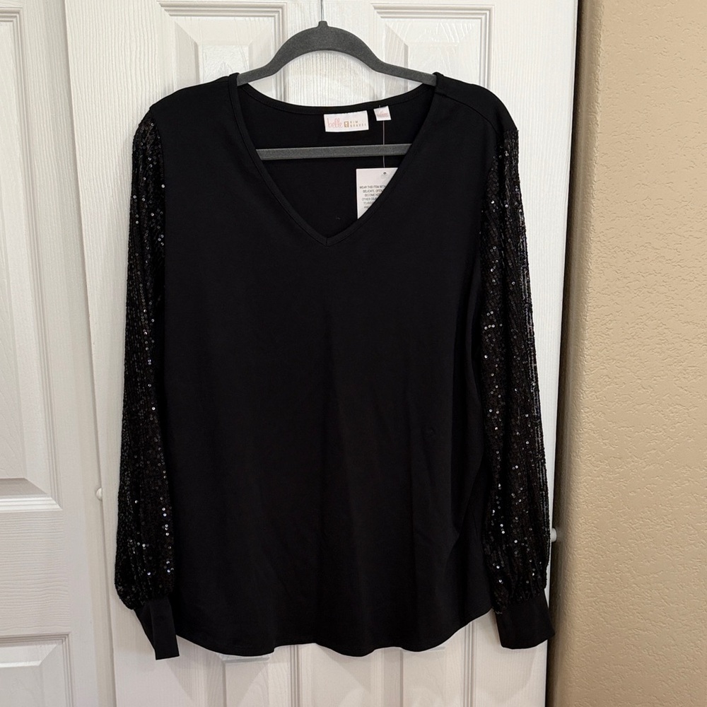 Belle by Kim Gravel Elegant Black Sequin Sleeve Top - size XL